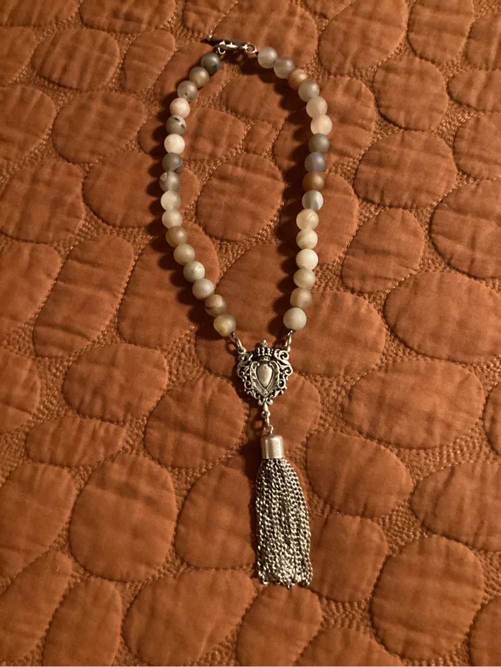 Cream Beaded Necklace with Silver Tassel Pendant